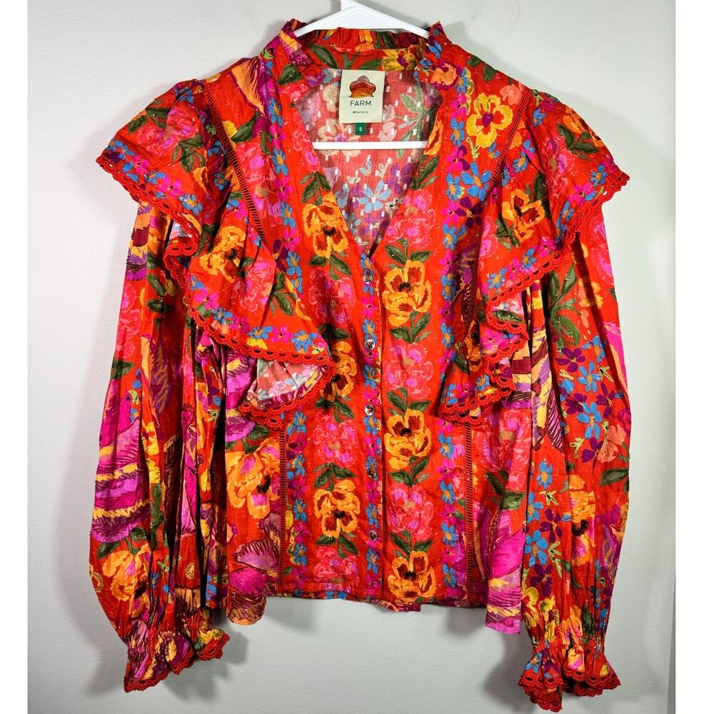 NEW Farm Rio Red Spring Bananas Ruffle Blouse Top Size Small - Picture 3 of 10